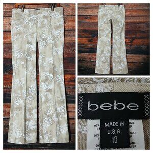 Bebe Rare Vintage Jeans 10 Flare Leg Low Rise Tan White Floral USA Made